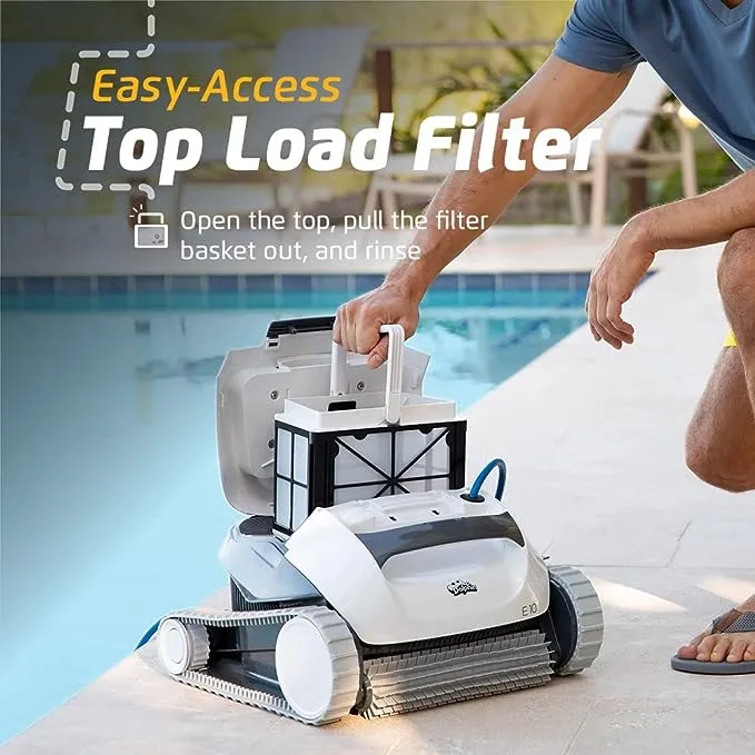 Dolphin E10 Robotic Pool Vacuum Cleaner — Powerful Active Scrubbing Brush — Easy-Access Top Load Filters for Easy Maintenance — Ideal for Above-Ground Swimming Pools up to 30 FT in Length