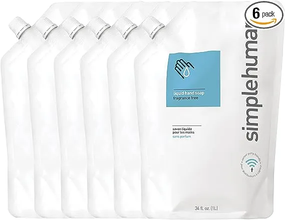 simplehuman Fragrance Free Moisturizing Liquid Hand Soap Refill Pouch, 34 Fl. Oz, Pack of 6