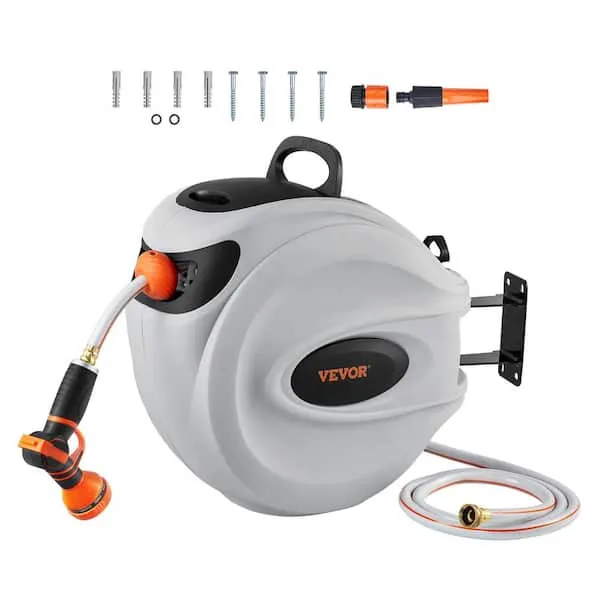 VEVOR Retractable Hose Reel 1/2 in. Dia x 130 ft. Garden Water Hose Reel with 9-Pattern Nozzle, 180° Swivel Bracket