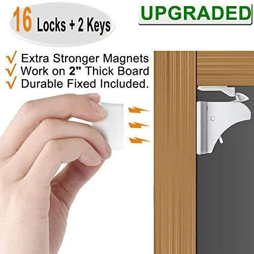 16 Pack Child Safety Magnetic Cabinet Locks - Vmaisi Children Proof Cupboard Baby Locks Latches - Adhesive for Cabinets & Drawers and Screws Fixed