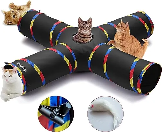 4 Way Large Cat Tunnels for Indoor Cats - 10" Diameter & 47" Long Cat Play Tunnel Toy - Cat Tube with Play Ball & Mouse Toy - Durable Interactive Peephole (Black)