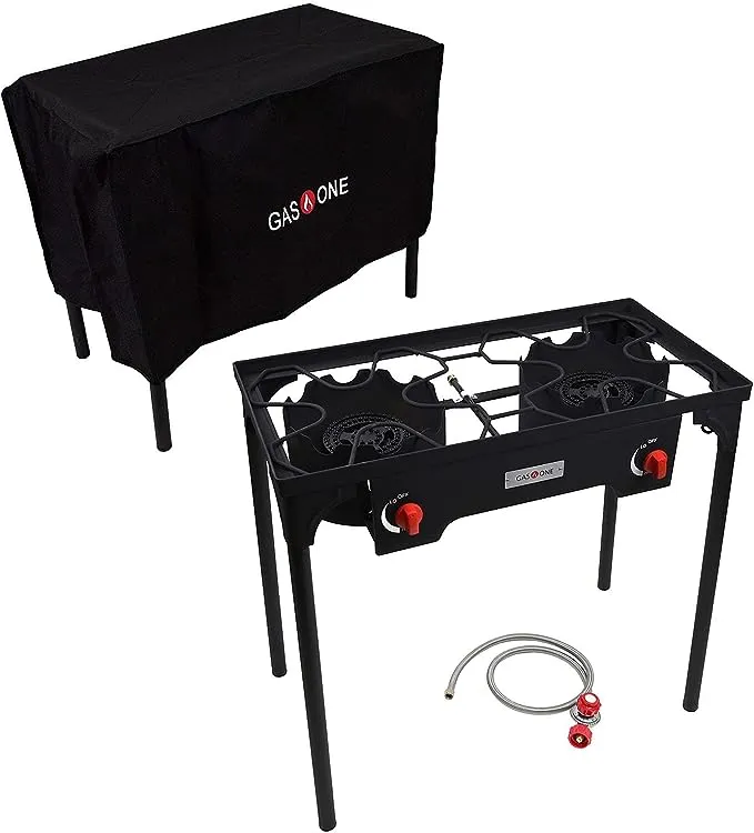 GasOne Two Burner Propane Camp Stove with Cover Outdoor High Pressure Propane Double Burner, Red QCCGasOne Two Burner Propane Camp Stove with Cover Out…