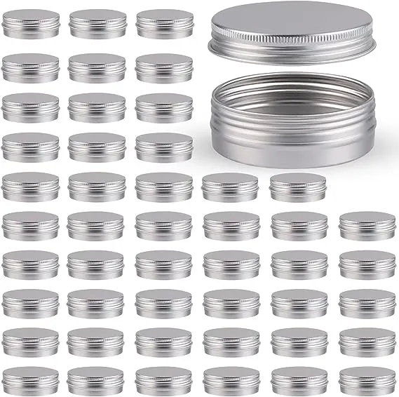 Moretoes 48 Pack 2 Oz Metal Round Tins Aluminum Tin Cans Containers with Screw Lid for Salve, Spices or Candies