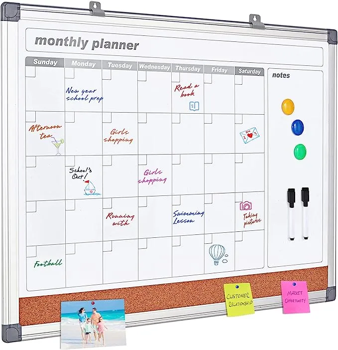 MAKELLO Monthly Dry Erase Calendar Whiteboard Cork Board Combo for Office, Classroom, Kitchen and Bedroom, 36x24 inches