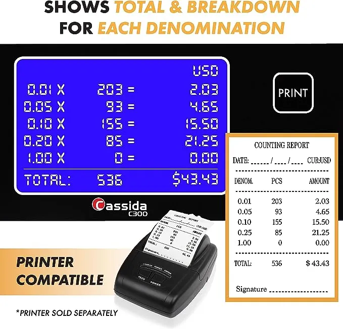 Cassida C300 Professional USD Coin Counter, Sorter and Wrapper/Roller, 300 coins/min, with Quickload and Printing-Compatible,Gray