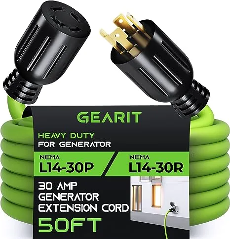 GearIT 30-Amp Generator Extension Cord (50 Feet) 4-Prong 120/250-Volt 7500W, NEMA L14-30P/L L14-30R, 10 Gauge SJTW Locking Power Cord for Manual Transfer Switch, Portable Generators, Power Outage 50ft