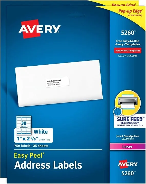 Avery Printable Address Labels with Sure Feed, 1" x 2-5/8", White, 750 per Pack, 2 Packs, 1,500 Blank Mailing Labels (5260)