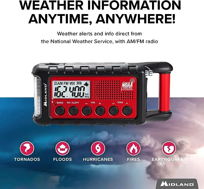 Midland - ER310, Emergency Crank Weather AM/FM Radio - Multiple Power Sources, SOS Emergency Flashlight, Ultrasonic Dog Whistle, & NOAA Weather Scan + Alert (Red/Black)