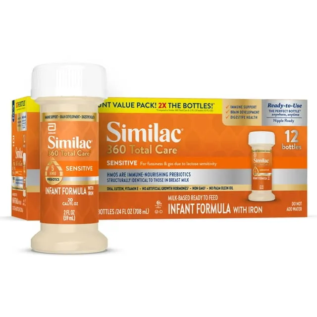 Similac 360 Total Care Sensitive* 婴儿配方奶粉，含 5 种 HMO 益生元，适用于乳糖敏感性引起的烦躁和胀气，非转基因，‡ 婴儿配方奶粉，34.9 盎司超值罐装，3 件装