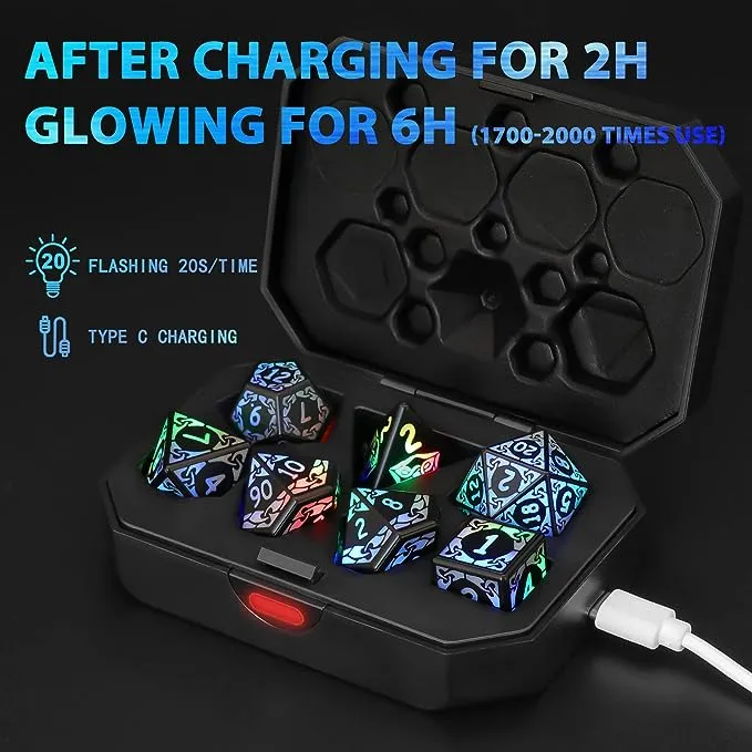 LED Dice Set of 7, DND Dice Rechargeable with Charging Box, Shake to Light Up Colorful Dice, ZHOORQI Dungeon and Dragons Dice USB Port Charging, Role