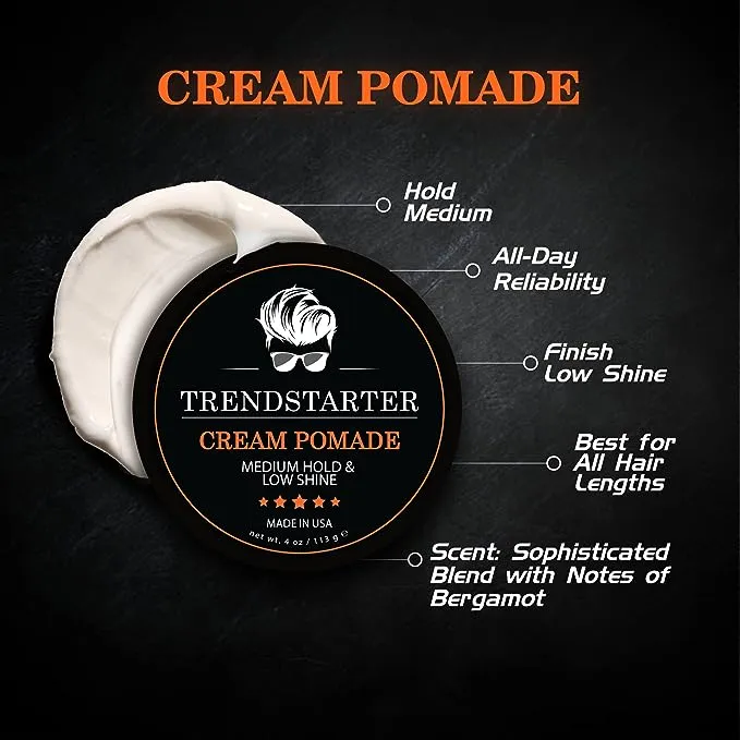 TRENDSTARTER - CREAM POMADE (4oz) - Medium Hold - Low Shine - Free Travel Size Samples Included While Supplies Last - Water-Based All-Day Hold Premium Hair Styling Putty Products - Launched Spring 2022