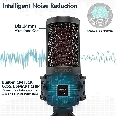 CMTECK USB Microphone, Podcast Microphone with Pop Filter & Mute Button, Compatible Desktop Computer and Laptop