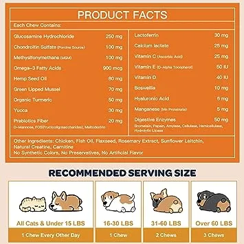 Glucosamine for Dogs, Joint Supplement for Dogs, Chondroitin, Omega-3, MSM, Hemp, Turmeric for Pain Relief, Dog Joint Supplement with Calcium for Bone Health, 120 Chicken Flavored Crunchy Chews