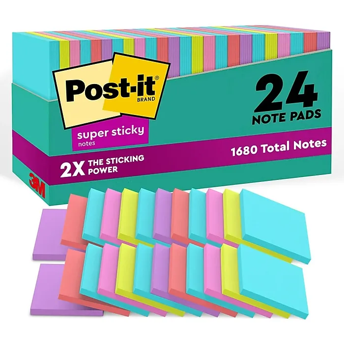 Post-it Super Sticky Notes, 24 Note Pads, 3x3 in., 2x the Sticking Power, School Supplies and Office Products, Sticky Notes for Vertical Surfaces, Monitors, Walls & Windows, Supernova Neons Collection