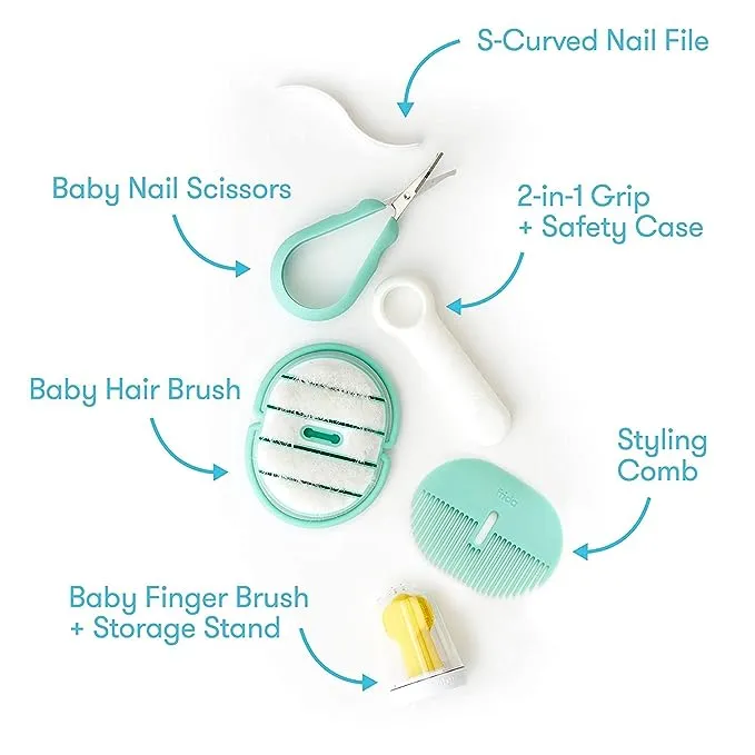 Frida Baby Grooming Kit Includes Finger Brush with Storage Stand Hair Brush with Case Styling Hair Comb Easy Grip Nail Scissors with Nail File and Case