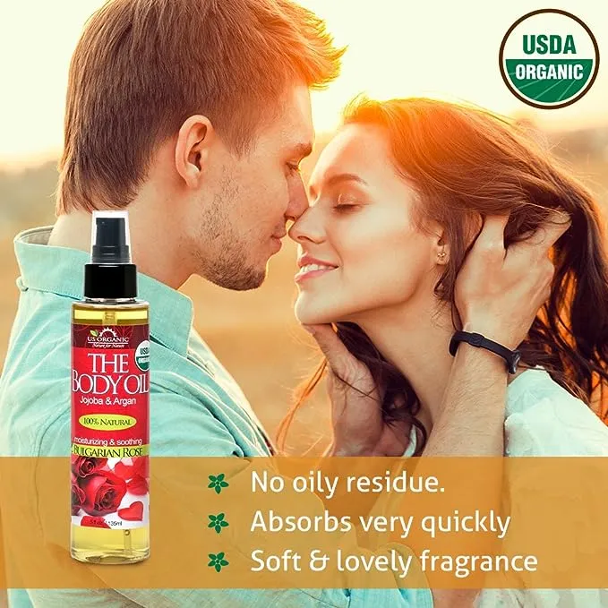 US Organic Body Oil - Romantic Sexy Bulgarian Rose- Jojoba and Argan Oil with Vitamin E, USDA Certified Organic, No Alcohol, Paraben, Artificial Detergents, Color or Synthetic perfume (Bulgarian Rose)