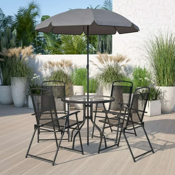 Nantucket 6 Piece Patio Garden Set with Table Umbrella and 4 Folding Chairs