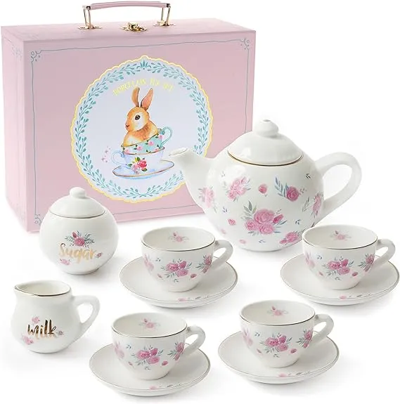 Jewelkeeper Tea Set for Little Girls - 13 pcs. Porcelain Tea Set for Kids Tea Time Includes Teapot, 4 Tea Cup and Saucers, Creamer and Sugar Bowl. Floral Design with Pink Roses Tea Party SetJewelkeeper Tea Set for Little Girls - 13 pcs. Porcelain Tea…