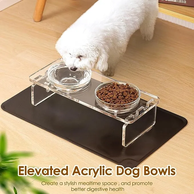 Feoyoho Dog and Cat Bowls Elevated Set - Acrylic Feeder Stand with 2 Set Removable Stainless Steel and Glass Bowls Food and Water Raised Dishes for Small PE