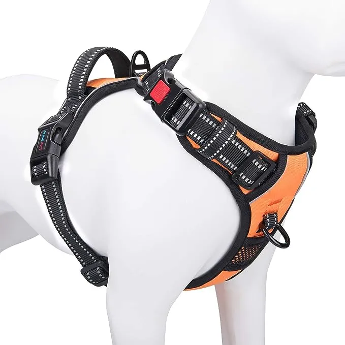 PHOEPET No Pull Dog Harness Medium Reflective Front Clip Vest with Handle,Adjustable 2 Metal Rings 3 Buckles,[Easy to Put On & Take Off](M, Orange)