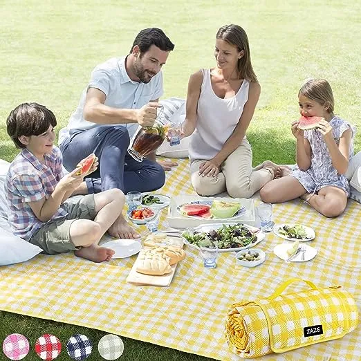 ZAZE Extra Large Picnic Blankets, 80''x80'' Washable Waterproof Foldable Oversized Compact Picnic Mat for Spring Summer Blanket Beach, Camping on Grass (Yellow and White)ZAZE Extra Large Picnic Blankets, 80''x80'' Washable…