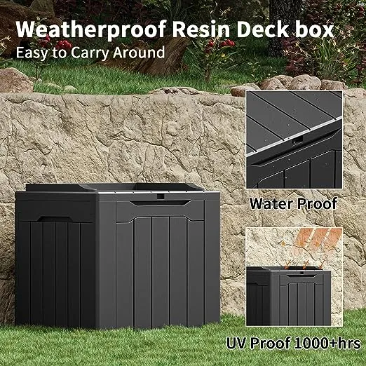 Greesum 31 Gallon Resin Deck Box Large Outdoor Storage for Patio Furniture, Garden Tools, Pool Supplies, Weatherproof and UV Resistant, Lockable, Dark BlackGreesum 31 Gallon Resin Deck Box Large Outdoor Storage f…