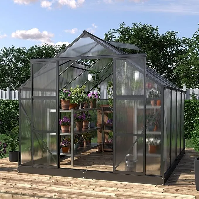 Amerlife 10x8x7.5 ft Polycarbonate Frame Greenhouse 2 Vents 2 Sliding Doors Walk-In Greenhouse Black, Size: 8*10*7.5FT