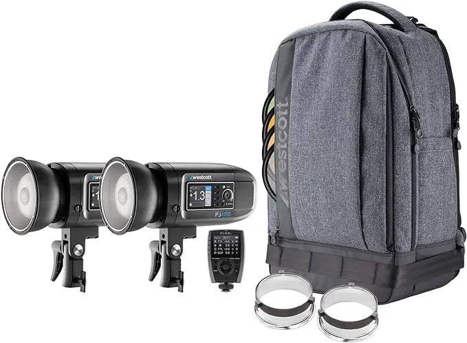 Westcott FJ400 Strobe 2-Light Backpack Kit with FJ-X3 M Universal Wireless Trigger Compatible with Most Camera Brands - 400Ws TTL HSS AC/DC Powered 480+ Full Power Flashes (US/CA Plug)