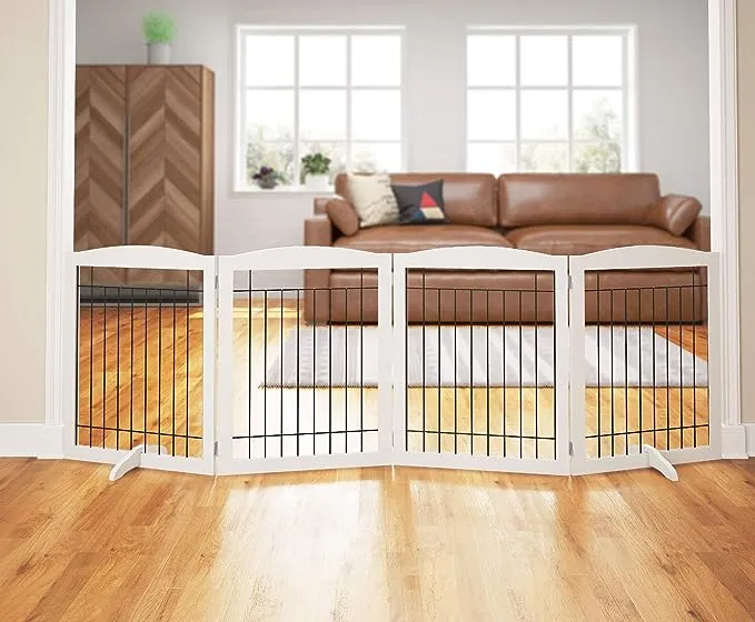 PAWLAND 96-inch Extra Wide Dog gate for The House, Doorway, Stairs, Freestanding Foldable Wire Pet Gate, Set of Support Feet Included (Espresso, 30" Height-4 Panels)