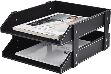 Leather Desk Letter Tray,Office Supplies Paper Organizer for Mail Paper Files Magazines Jewelry Cosmetics,Fashion Letter Holder& 2-Tier Multipurpos Stackable Office Desktop Storage Box,Black