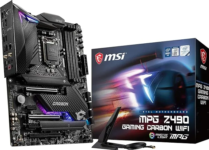 MSI MPG Z490 Gaming Carbon WiFi Gaming Motherboard (ATX, 10th Gen Intel Core, LGA 1200 Socket, DDR4, SLI/CF, Dual M.2 Slots, USB 3.2 Gen 2, Wi-Fi 6, DP/HDMI, Mystic Light RGB)