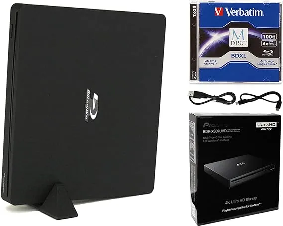 Pioneer BDR-XS07UHD Portable 6x Ultra HD 4K Blu-ray Burner External Drive Bundle with Cyberlink Software Download Installation Code, 100GB M-DISC BDXL and USB Cable - Burns CD DVD BD DL BDXL Discs