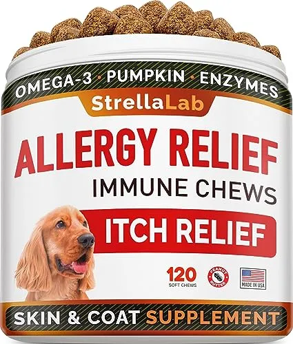 StrellaLab Dog Allergy Relief (180 Chews) - Dog Itchy Skin Treatment + Omega 3 & Pumpkin, Dog Allergy Chews & Anti Itch Support Supplement, Dogs Itching & Licking Treats, Dog Itch Relief Chew