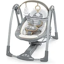 Ingenuity Swing 'n Go Deluxe 5-Speed Baby Swing with Cushioned Harness - Foldable, Portable, 2 Plush Toys & Sounds, 0-9 Months 6-20 lbs (Bella Teddy)