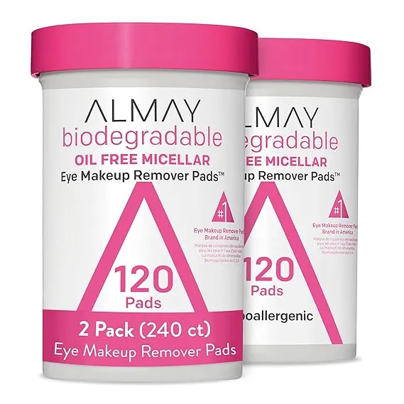 Almay Biodegradable Eye Makeup Remover Pads, Micellar Gentle, Stocking Stuffer for Women, Hypoallergenic, Fragrance-Free, 120 Count (Pack of 2)