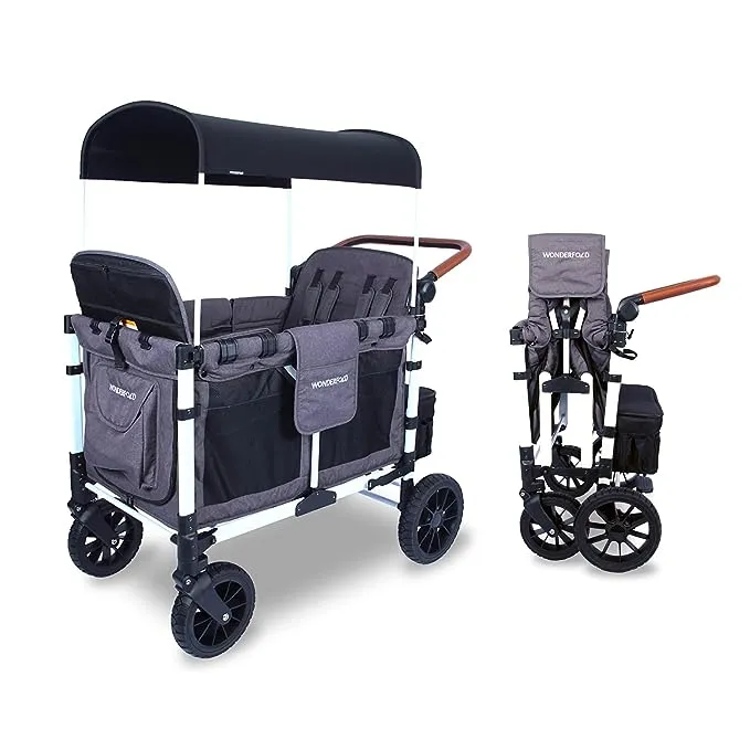 WONDERFOLD W4 Luxe Quad Stroller Wagon Featuring 4 High Face-to-Face Seats with Magnetic Buckle 5-Point Harnesses and Adjustable/Removable UV-Protection Canopy, Elite Black Camo