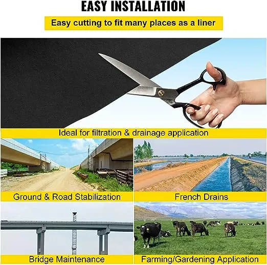 VEVOR Geotextile Landscape, 15ft x 20ft 4 oz Non-Woven PP Drainage 350N Tensile Strength & 440 N Load Capacity, for Ground Cover, Garden Fabric, French Drains, Black