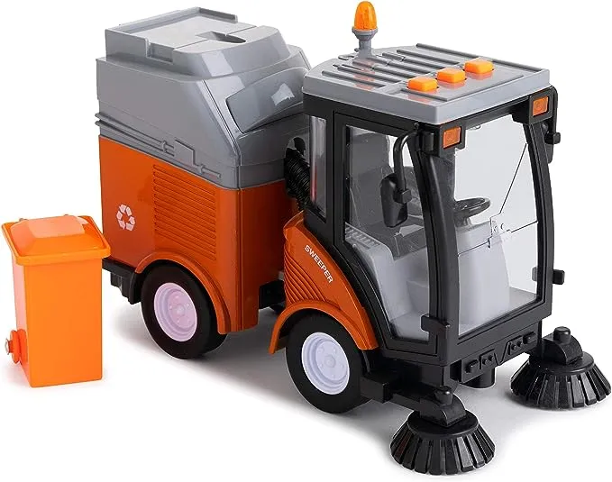 Toy To Enjoy Street Sweeper Truck with Light & Sound Effects - Friction Powered Wheels, Removable Garbage Can & Rotating Brushes - Heavy Duty Plastic Cleaning Vehicle Toy for Kids & Children