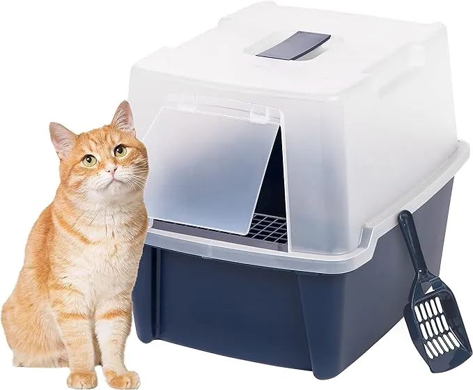 IRIS USA Large Hooded Litter Box with Scoop and Grate, Blue