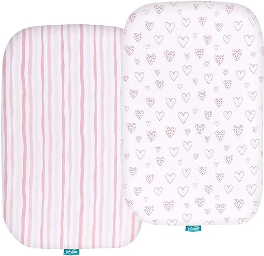 Bassinet Fitted Sheets Compatible with Mika Micky Bedside Sleeper, (2 Pack), 100% Jersey Knit Cotton Fitted Sheets, Mild Pink Stripes and Hearts Print