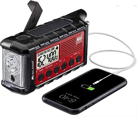 Midland - ER310, Emergency Crank Weather AM/FM Radio - Multiple Power Sources, SOS Emergency Flashlight, Ultrasonic Dog Whistle, & NOAA Weather Scan + Alert (Red/Black)