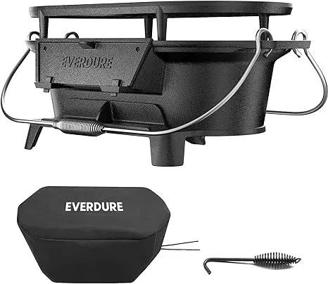 Everdure Cast Iron Grill & Cover – Outdoor, Portable Charcoal Grill and Tabletop Cast Iron Skillet - 100% Cast Iron, Enameled, Durable, Small Charcoal Grill, Camping Stove, Hibachi Grill,Black