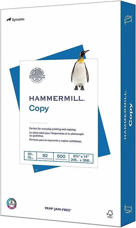 Hammermill Printer Paper, 20 lb Copy Paper, 8.5 x 14 - 1 Ream (500 Sheets) - 92 Bright, Made in the USA, 105015R