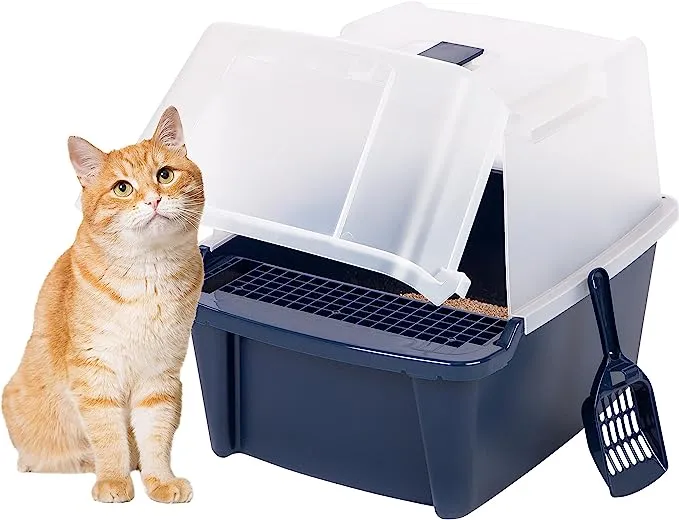 IRIS USA Cat Litter Box, Litter Box Enclosure with Scoop, Split Hood and Front Door Flap, Covered Kitty Litter Box for Privacy, Portable, Easy to Clean, Navy