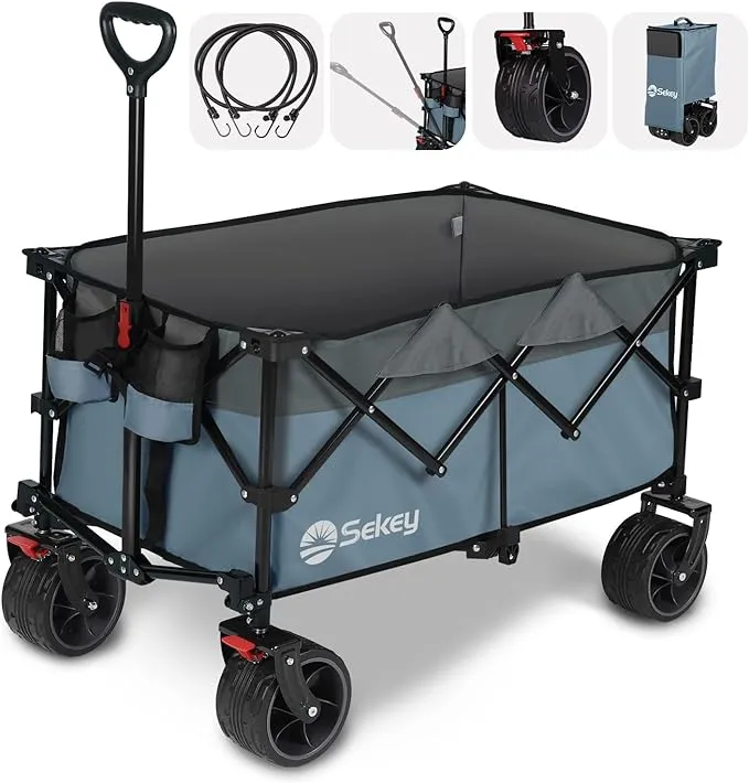 Sekey Collapsible Foldable Wagon with 330lbs Weight Capacity, Heavy Duty Folding Utility Garden Cart with Big All-Terrain Beach Wheels & Drink Holders.Blue&Grey