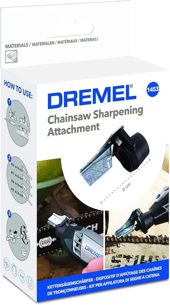 Dremel 1453 Kettensägen-Schärfset, Rotationswerkzeug-Zubehörset mit Schärfwinkelführungsaufsatz und Schleifsteinen