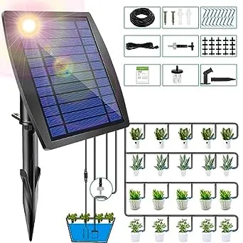 12 Timer Modes Solar Drip Irrigation System - Auto Drip Irrigation Kits with Anti-Siphon Supports 20-30 Pots, Solar Powered Garden Watering System for Indoor & Outdoor Plants, 3W, 65.6 FT