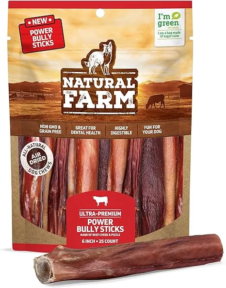 Natural Farm Power Bully Sticks Dog Chews (6”, 25-Pack), 2-in-1 Power Chews: Premium Beef Cheek Wrapped in Beef Pizzle, Long-Lasting, Great Dog Dental Treats for Small, Medium & Large Dogs