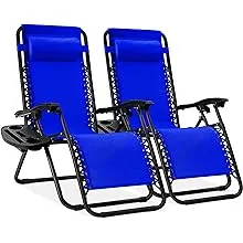 Best Choice Products Set of 2 Adjustable Steel Mesh Zero Gravity Lounge Chair Recliners w/Pillows and Cup Holder Trays, Cobalt Blue