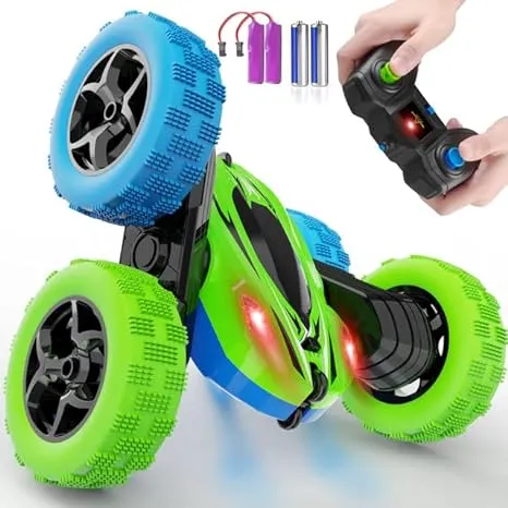 ORRENTE RC/Remote Control Car 2.4Ghz with Double Sided 360 Flips, Rechargeable 4WD Off Road Stunt Toys for Kids 6-12 Year Old Boys Girls Christmas Birthday Gift (Green&Blue)